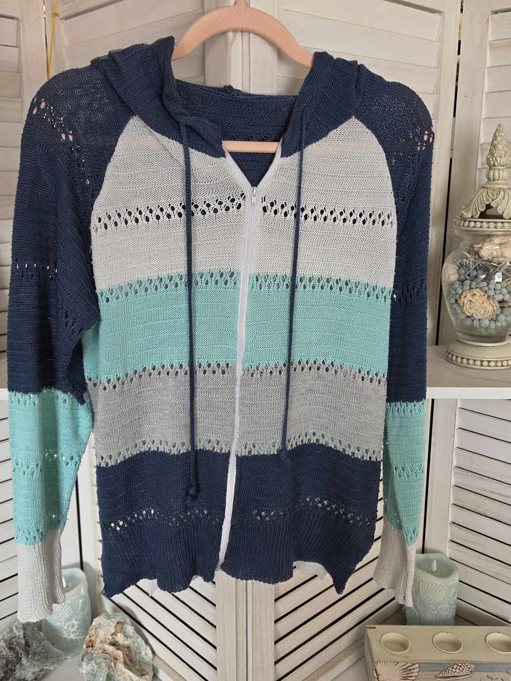 Striped Knit Zip-Up Hooded Cardigan in Navy, Mint & Light Gray SZ M | Coastal